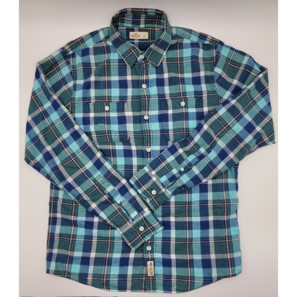 Hollister Long Sleeve Button Down Flannel Shirt Men's L Blue Plaid‎ #C226
